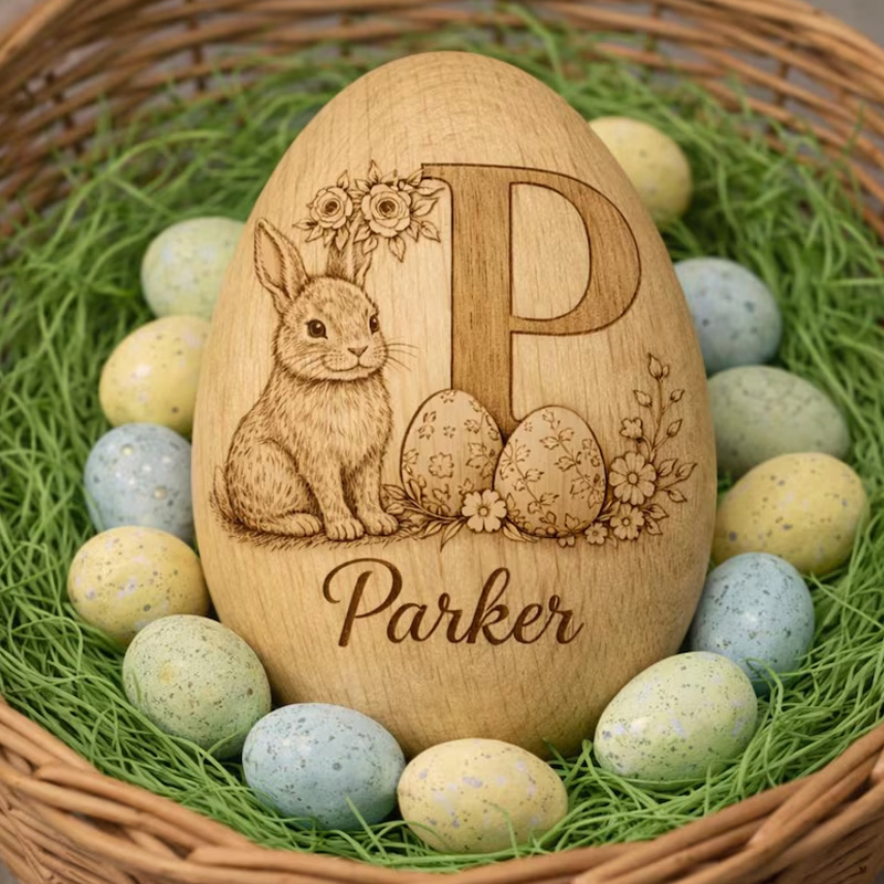 Personalized Engraved Bunny Gift Custom Name Keepsake for Kids Easter Celebration Holiday Decoration Wooden Easter Egg