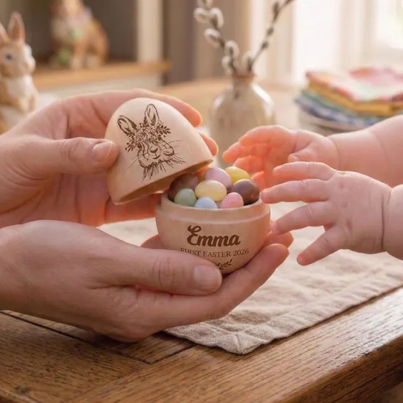 Personalized Custom Engraved Bunny Gift Name Keepsake Treat Box for Kids Easter Celebration Holiday Fillable Wooden Easter Egg
