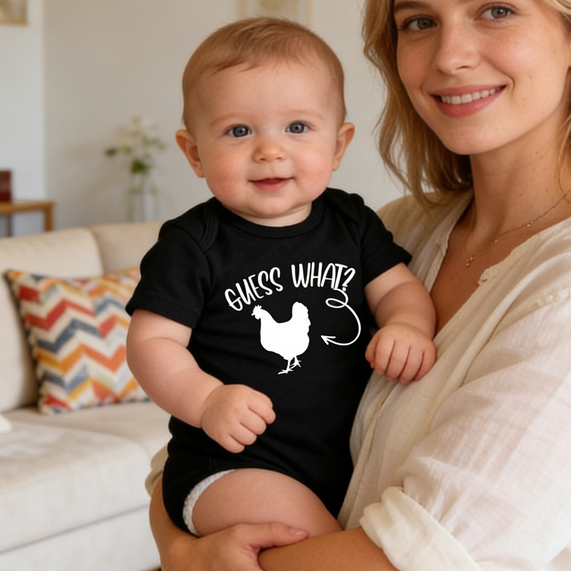 Funny Guess What Chicken Print Cute Gift for Infant Toddler Easter Outfit Personalized Baby Bodysuit Gift for New Baby
