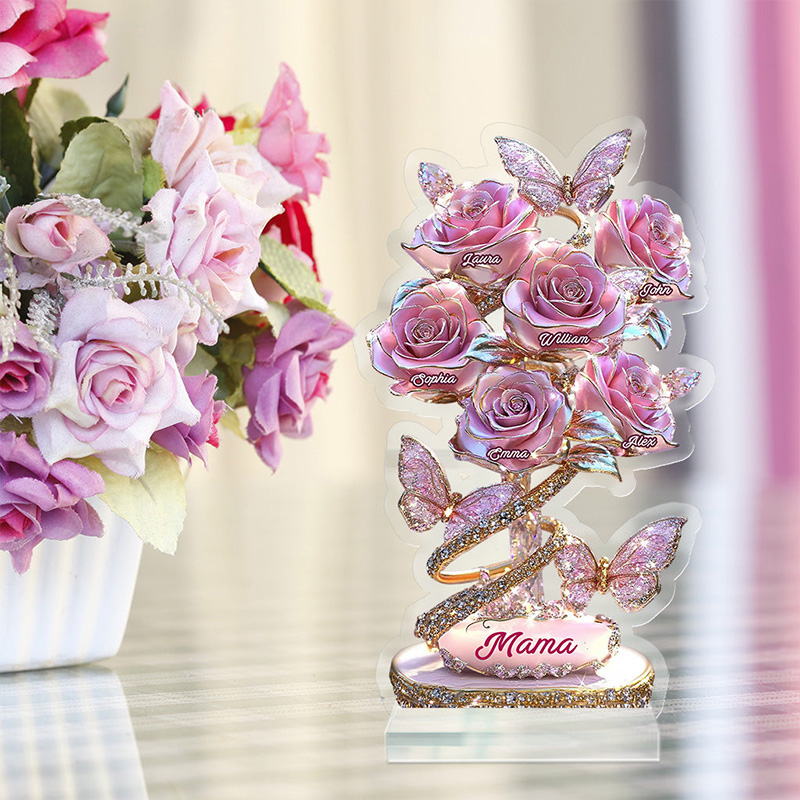 Personalized Colorful Rose Flower Butterfly Light Gift with Names for Mom Birthday Anniversary Personalized Mother Custom Shaped Acrylic Plaque