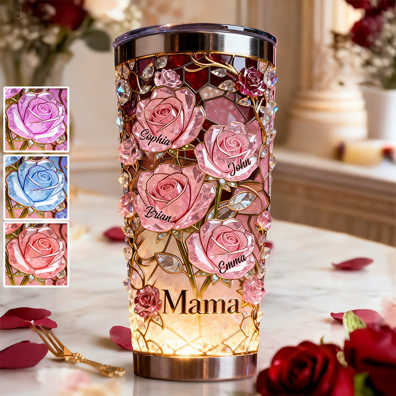 Personalized Colorful Rose Flower Butterfly Light Gift with Names for Mom Birthday Mothers Day Gift Personalized Tumbler