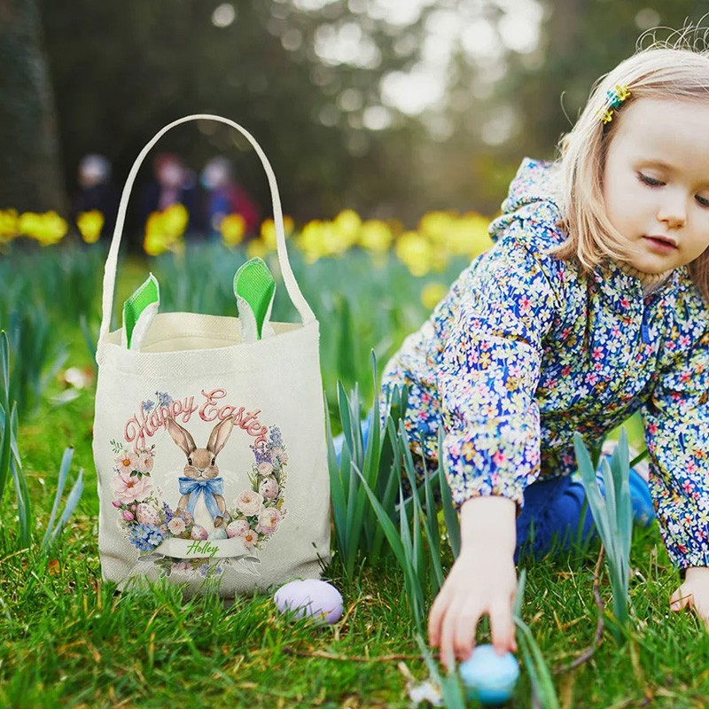 Personalized Wreath Cartoon Rabbit Easter Basket with Name and Bunny Ears Egg Hunting Accessory Easter Gift for Kids