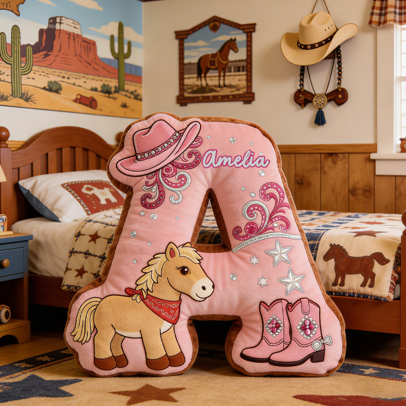 Personalized Cowgirl Western Horse Hat Boots Custom Name Kids Gift Bedroom Decoration 3D Print Pillow