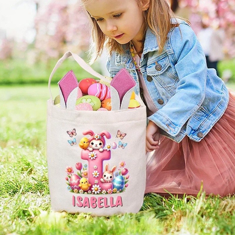 Personalized Cartoon Easter Bunny Ears Large Capacity Basket with Name and Initial Easter Eggs Hunting Party Easter Gift for Kids