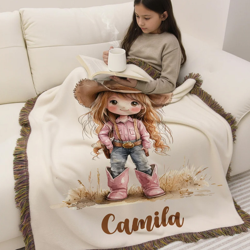 Personalized Cartoon Cowboy Cowgirl Tassel Soft Throw Blanket with Name Home Decor Birthday Gift for Kids Cowboy Lovers