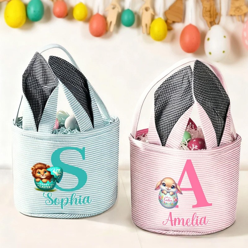 Personalized Multi Color Cute Animal Bunny Ears Easter Basket with Name and Initial Daily Use Holiday Party Easter Gift for Children
