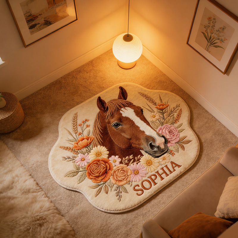 Personalized Horse Lover Floral Decor Gift For Kids Equestrian Pony Animal Print Bedroom Playroom Rug  Gift for Equestrian Riding Lovers Hourse Lover Gifts