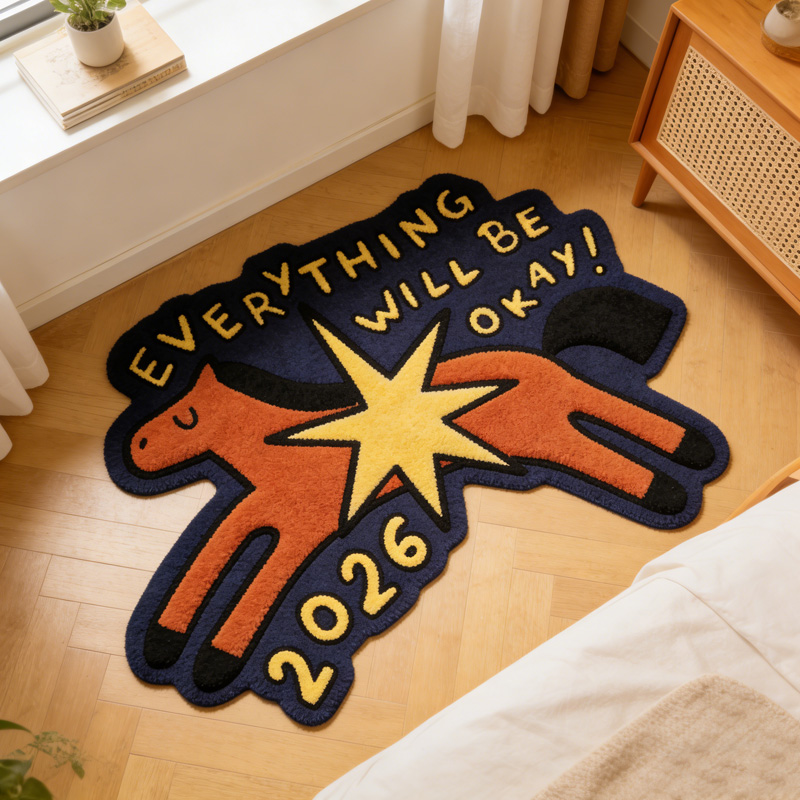 Personalized Everything Will Be Okay 2026 Positive Quote Colorful Horse Shape Gift For Kids Playroom Rug