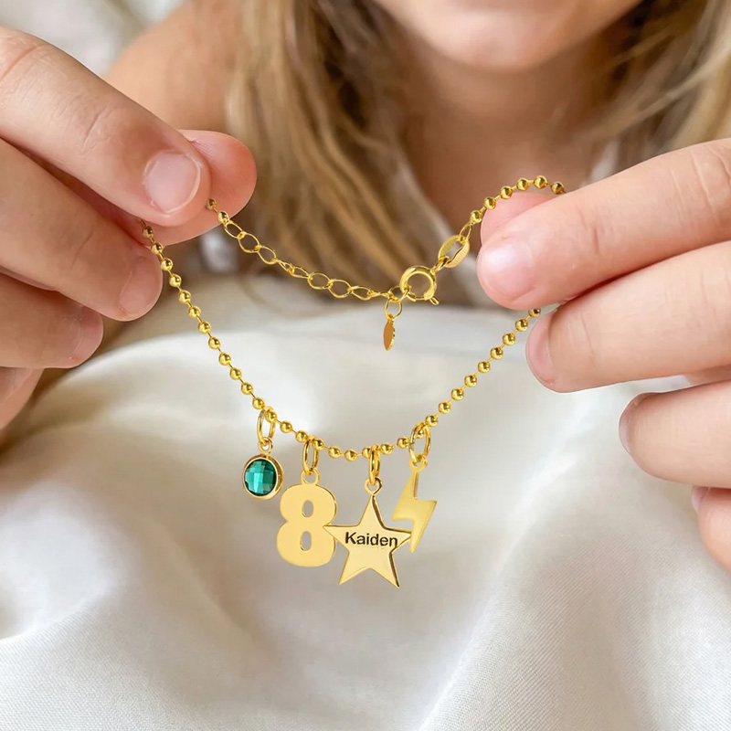 Personalized Lucky Star Heart Seahorse Ballerina Pendant Bead Chain Bracelet with Birthstone Number and Engraved Name Birthday Gift for Kids Girls