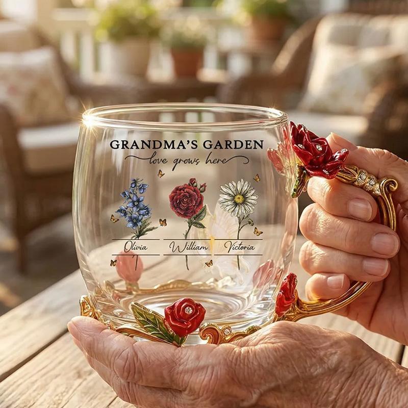 Personalized Grandma's Garden Enamel Flower Tea Cup with Custom Birth Month Flowers, Vintage-Inspired Unique Gift for Grandma