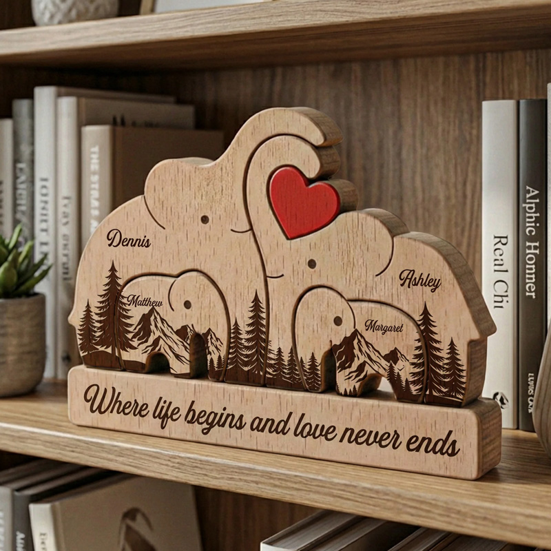 Personalized Custom Engraved Family Name Gift Home Decor Anniversary Present Love Keepsake Elephant Family Wooden Puzzle