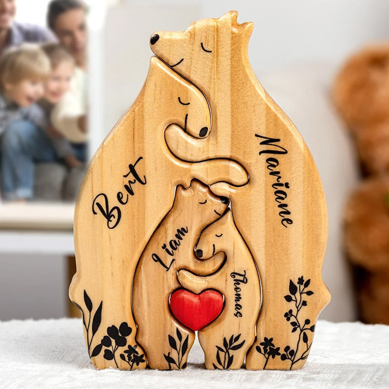Personalized Wooden Bear Family Puzzle with 2-6 Names and Red Heart Desk Decoration Birthday Mother's Day Gift for Family