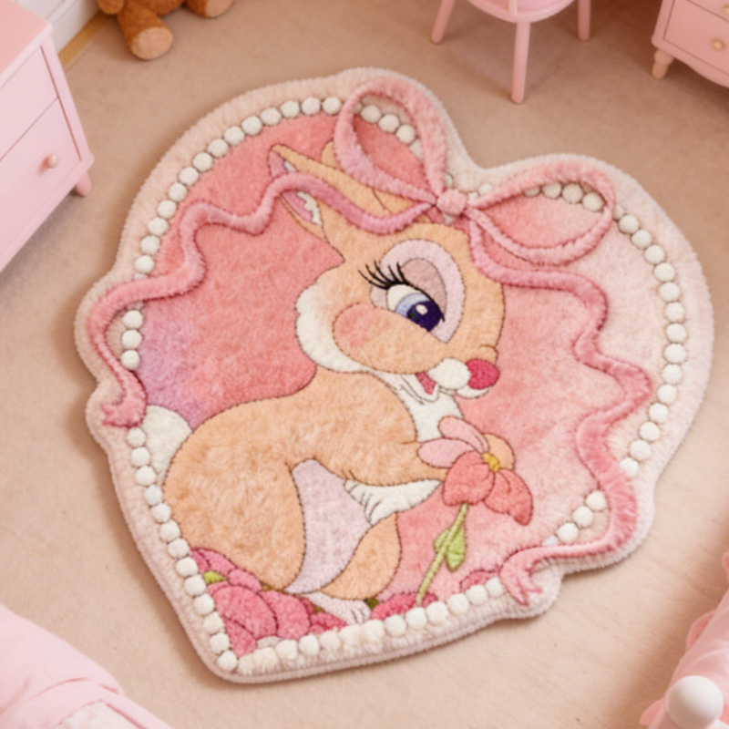 Soft Cute Bunny Heart Shaped Kids Bedroom Nursery Floor Mat Playroom Decor Rug Gift for Kids