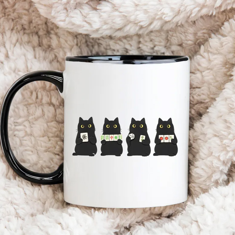 Cat Lover Gift Cute Black Cats Funny Coffee Tea Cup for Game Fans Mahjong Mug