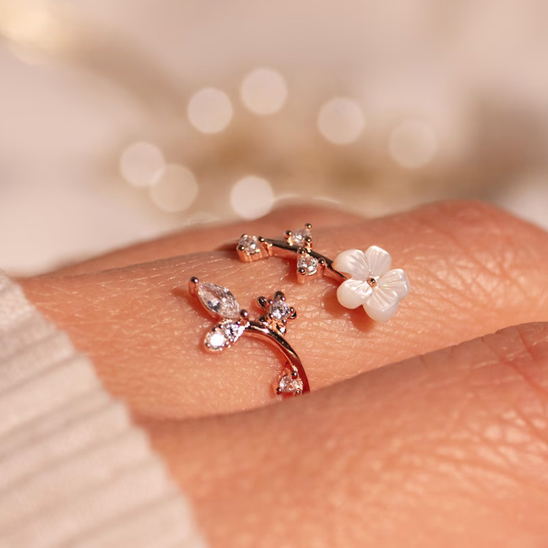 Personalized Birth Flower Ring Mother of Pearl Sakura Rings Adjustable Delicate Personalized Birthstone Gift Mather's Day Gift