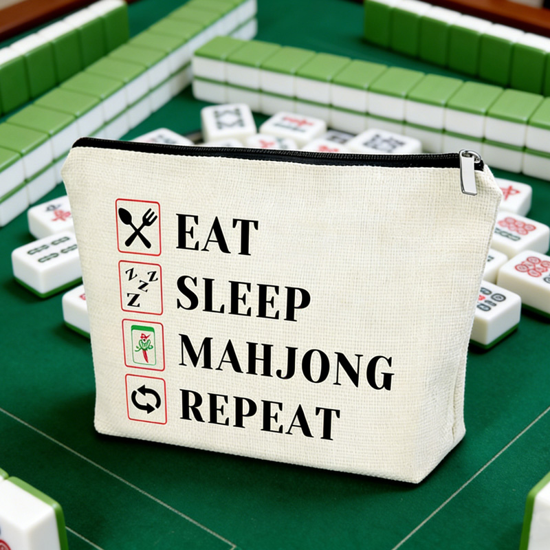 Funny Gift Eat Sleep Mahjong Repeat Canvas Storage Organizer Pouch for Game Lovers Mahjong Tile Bag