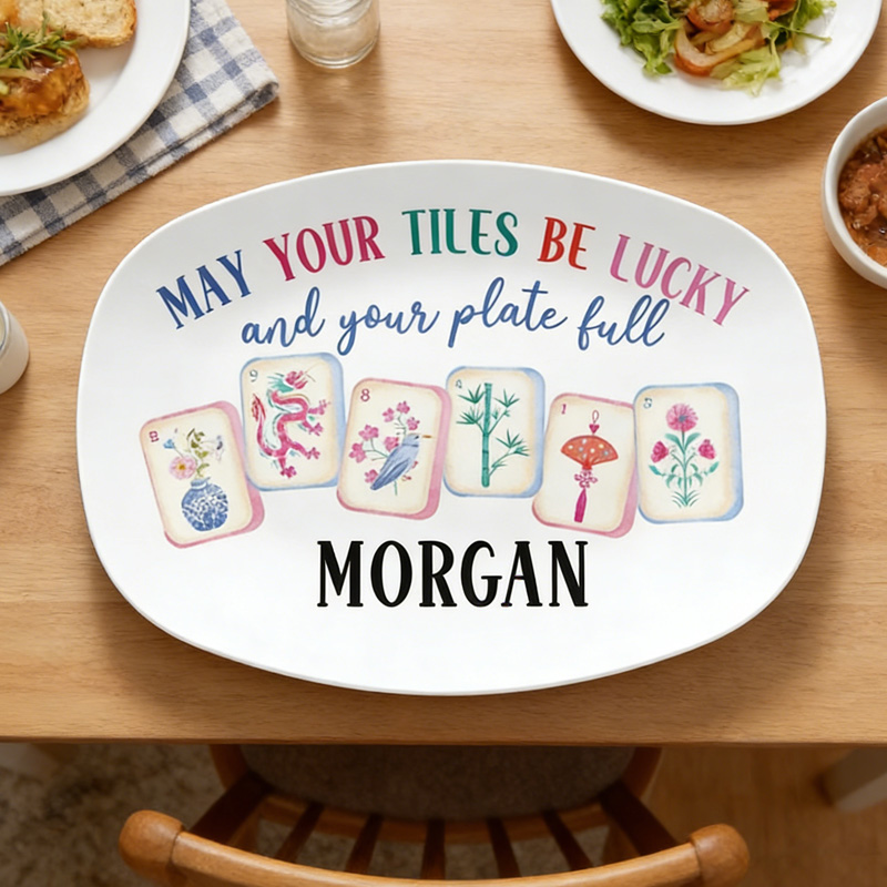 Lucky Quote Colorful Mahjong Tiles Pattern Gift Tableware for Party Lovers Game Night Mahjong Tile Dinner Plates