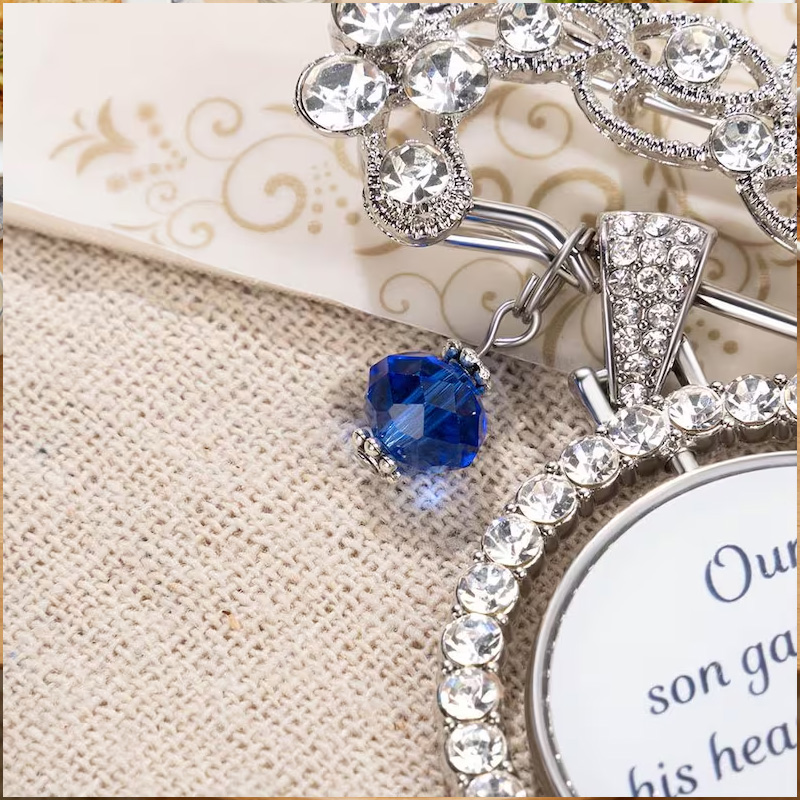 Personalized Something Blue Wedding Bouquet Charm Photo and Engraved Heart Brooch Memorial Rhinestone Pearl Gift for Bride