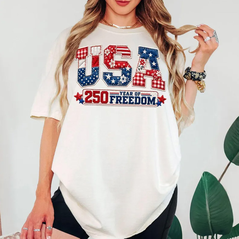 Vintage USA 250 Years of Freedom Patriotic Stars and Stripes Graphic Casual Independence Celebration T Shirt