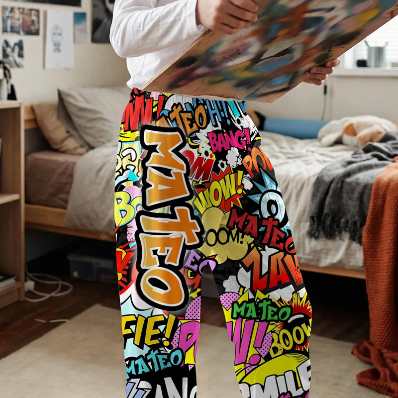 Personalized Graffiti-Art Design Kid Mom Dad Pajama Pants with Colorful Name and Drawstring Daily Wear Birthday Gift for Kids Family