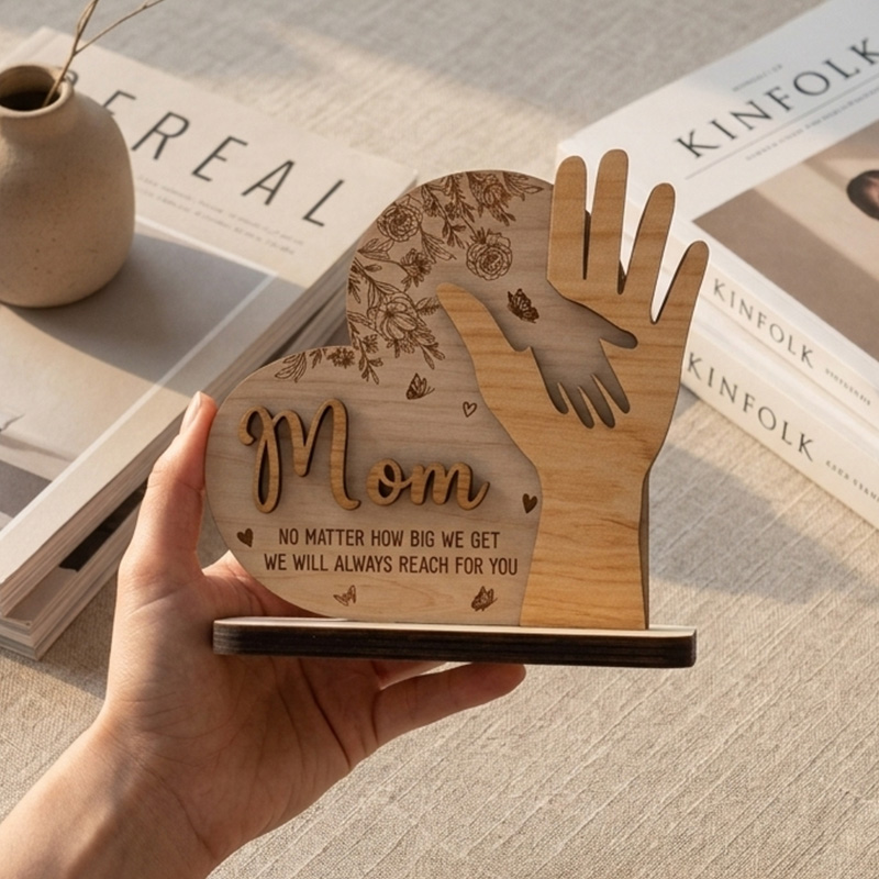 Wooden Handprint Heart Plaque Gift Unique Home Decoration for Mothers Day Anniversary Keepsake
