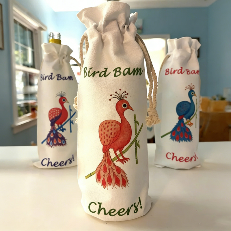Colorful Fun Reusable Party Gift Bag Peacock Print Beverage Carrier Entertaining Accessory Mahjong Bird Bam Canvas Wine Totes