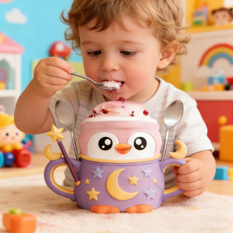 Night Theme Adorable Penguin with Moon and Stars Stand 3D Printed Cozy with Spoon Slot