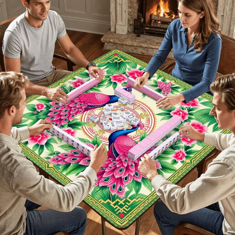 Vibrant Peacock and Blooming Flower Pattern Luxurious Art Style Elegant Table Game Accessory Mahjong Mat
