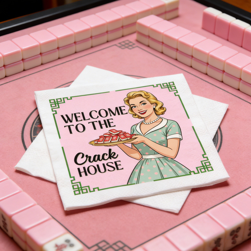 Retro Housewife Holding Mahjong Tiles Humorous Party Decor Playful Gift Idea Vintage Style Funny Mahjong Cocktail Napkins