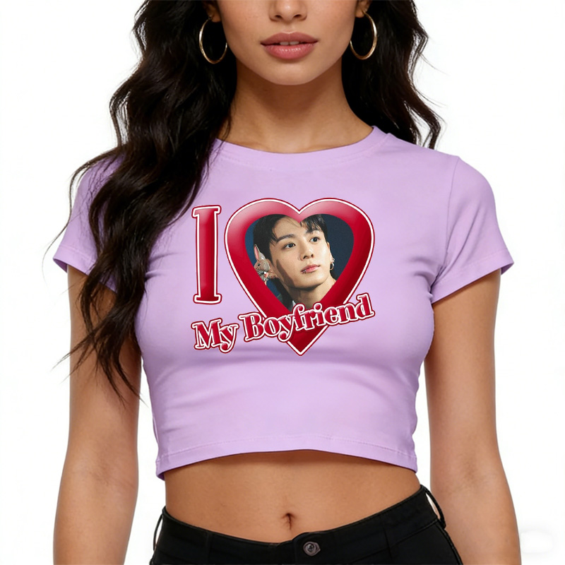 Personalized I Love My Boyfriend Heart Graphic Kpop Inspired Cute Y2K Aesthetic Short Sleeve Cropped Top Baby Tee K-Pop Fans Baby Tee