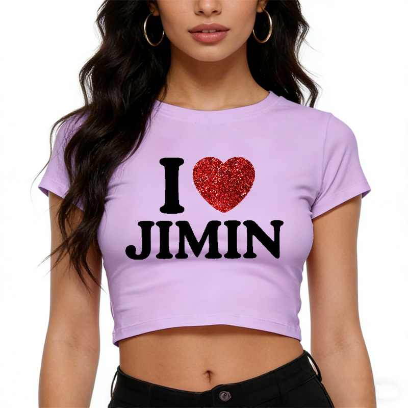 Personalized I Love Jimin Heart Glitter Graphic Kpop Inspired Cute Y2K Aesthetic Short Sleeve Cropped Top Baby Tee