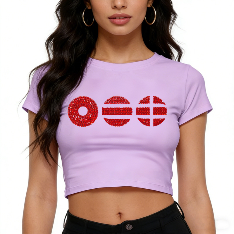 K-Pop Fans Rhinestones Cute Sweet Treat Graphic Kpop Inspired Aesthetic Short Sleeve Cropped Top Baby Tee