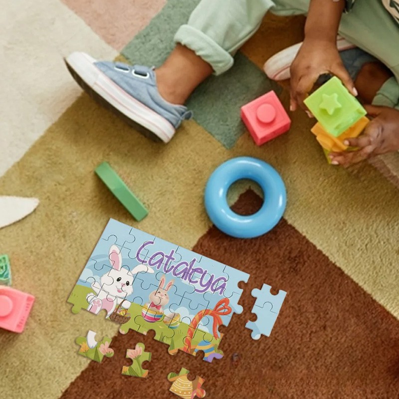 Personalized Floral Easter Eggs Cute Bunny 35 Pieces Puzzle with Name Holiday Basket Stuffers Easter Party Birthday Gift for Boys Girls