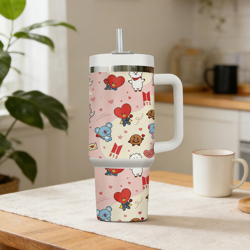K-Pop Cartoon Characters Inspired Cute Colorful Heart Stars Pattern Stainless Steel Travel Mug Tumbler For Lovers & Fans