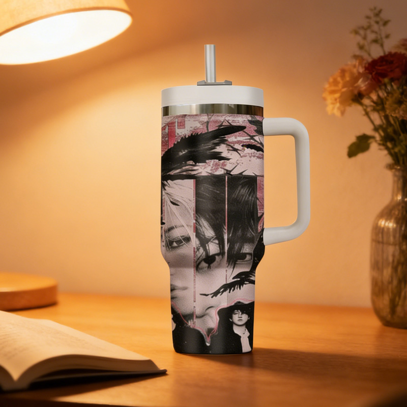 Kpop Inspired Artistic Black and Pink Aesthetic Collage Style Stainless Steel Travel Mug Tumbler
