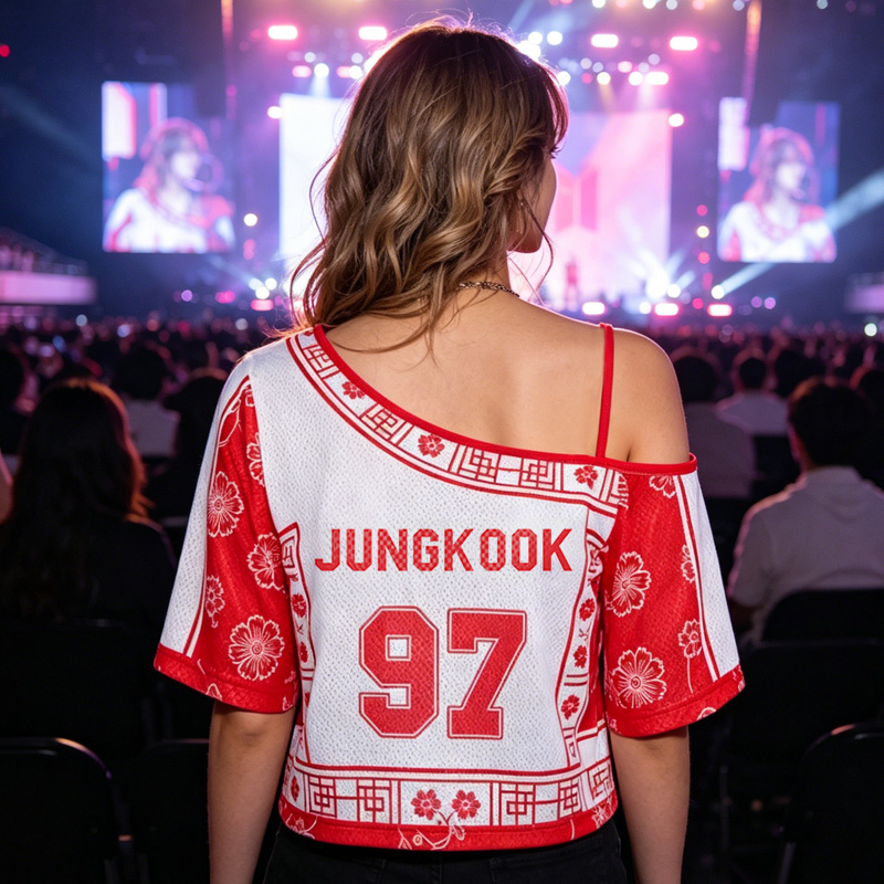  Personalized Kpop Inspired Traditional Floral Pattern Red White Off Shoulder Mesh Crop Top Fashion Shirt