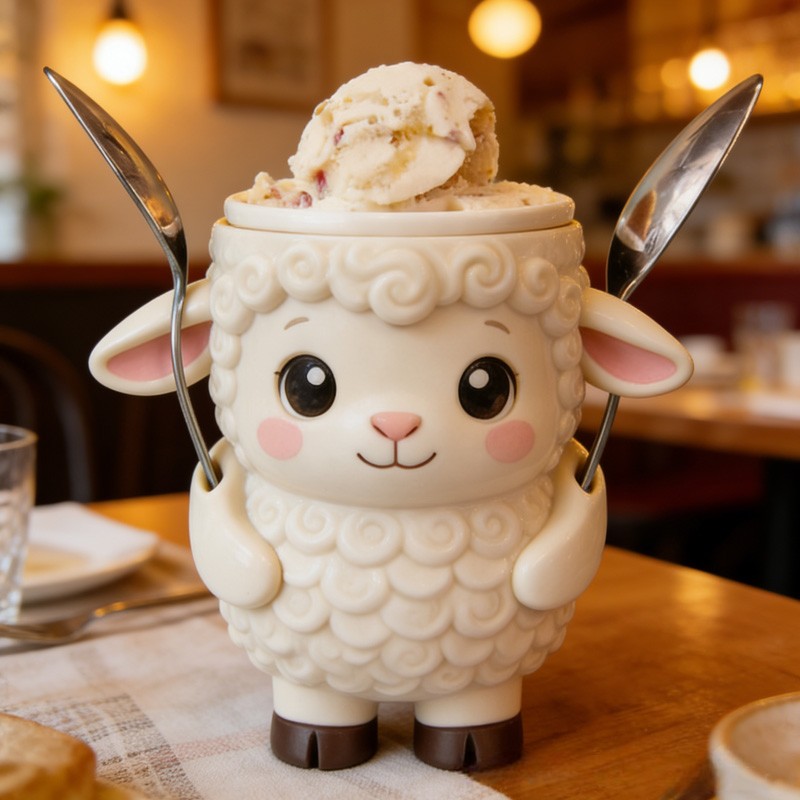 Kids Theme Custom Name Lovely White Lamb Ice Cream Cup Support 3D Printed Cozy with Spoon Slot
