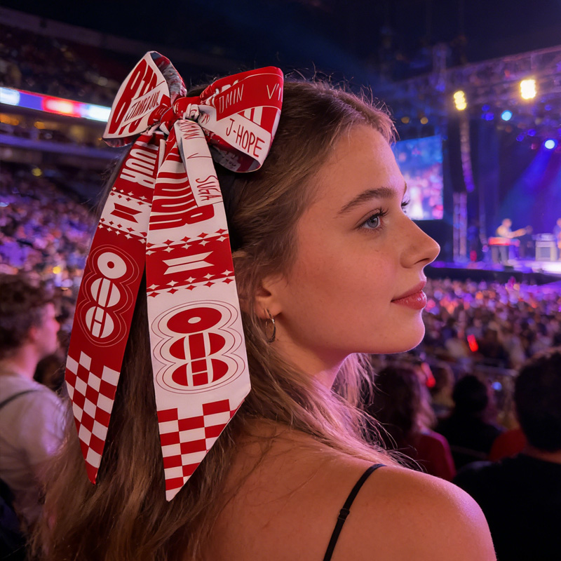 Kpop Inspired Red White World Tour Logo Pattern Satin Silk Ribbon Concert Hair Accessory