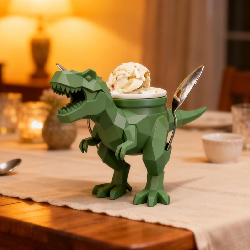 Dinosaur Theme Custom Name Cool Green T Rex Ice Cream Holder 3D Printed Cozy with Spoon Slot