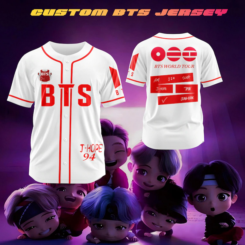 Personalized BTS Kpop Inspired White Red Baseball Style World Tour Jersey Shirt Concert Outfit Unisex Fashion Top