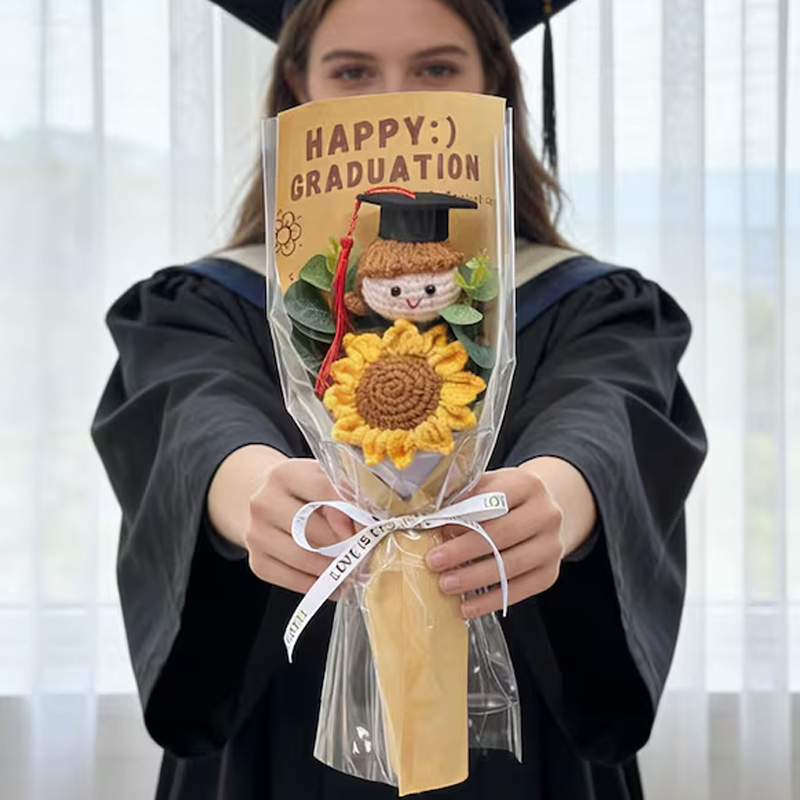 Graduation Gift Sunflower Bouquet with Cute Doll Plush Toy Handmade Flower Wrap Congratulation Present