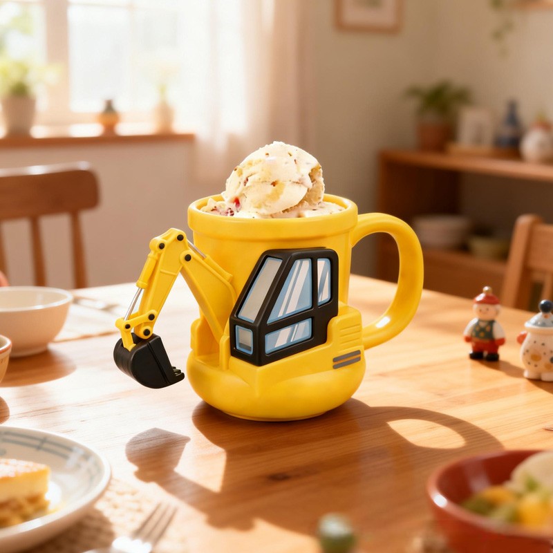 Construction Theme Custom Name Cute Yellow Excavator Ice Cream Holder 3D Printed Cozy with Spoon Slot