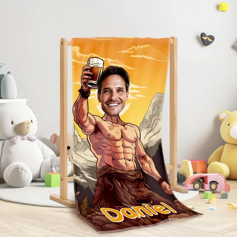 Personalized Cartoon mountain hero with beer confident adventure style custom caricature fun gift Beach Towel
