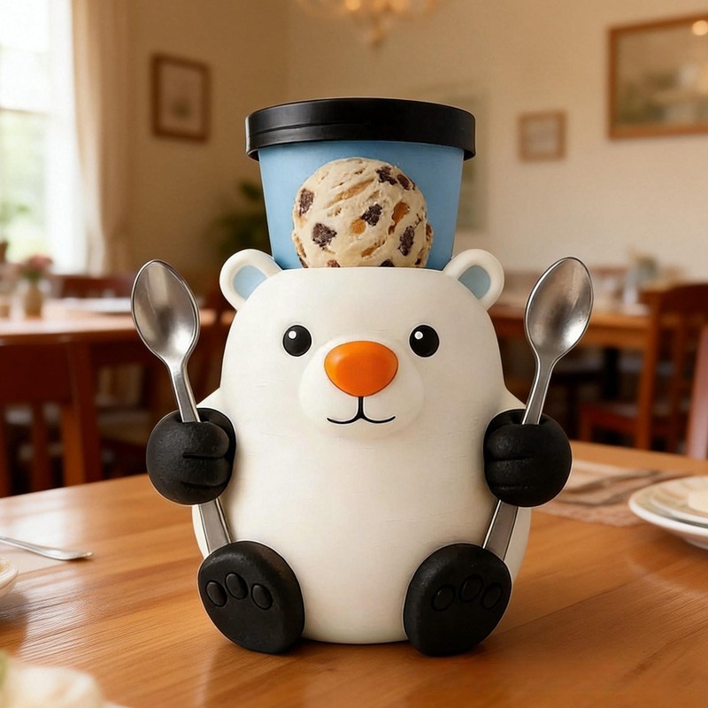Winter Theme Adorable White Bear Dessert Cup Stand 3D Printed Cozy with Spoon Slot