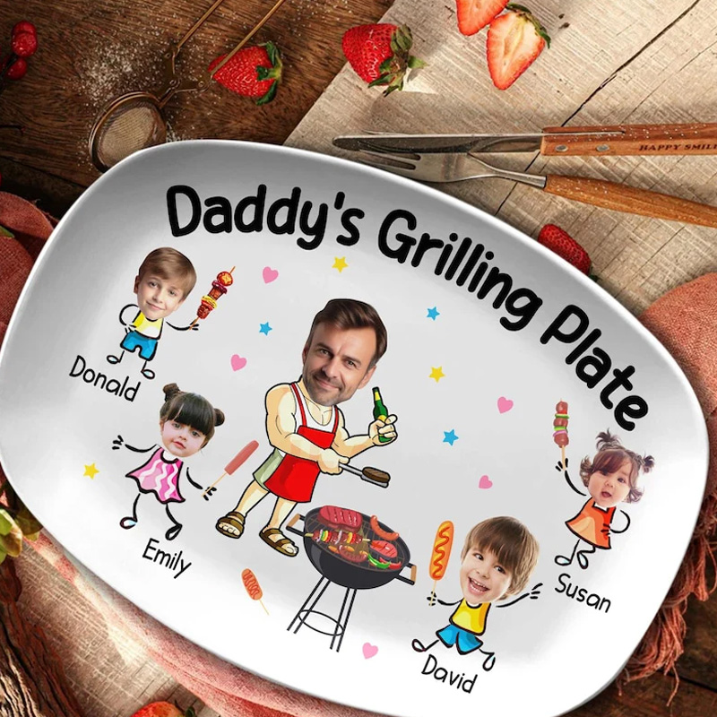 Personalized Cute cartoon family barbecue funny personalized summer cookout gift for dad custom artwork Daddy Grilling Platter