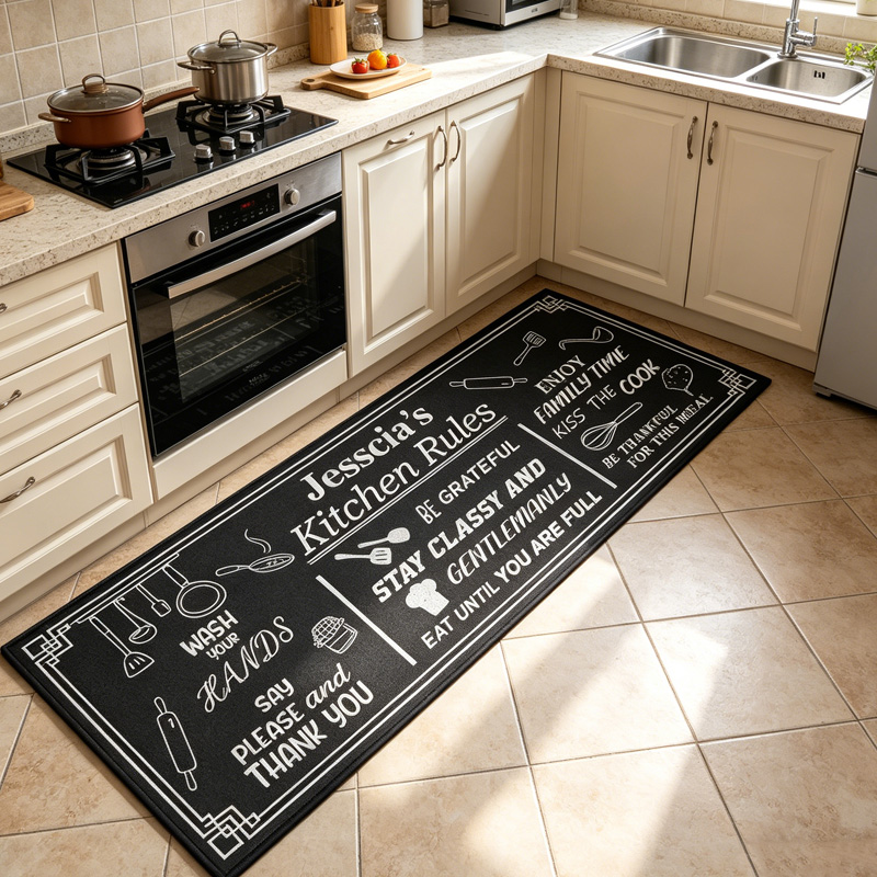 Personalized Typography Kitchen Cooking Family Gratitude Humor Quote Decoration Kitchen Rules Rug