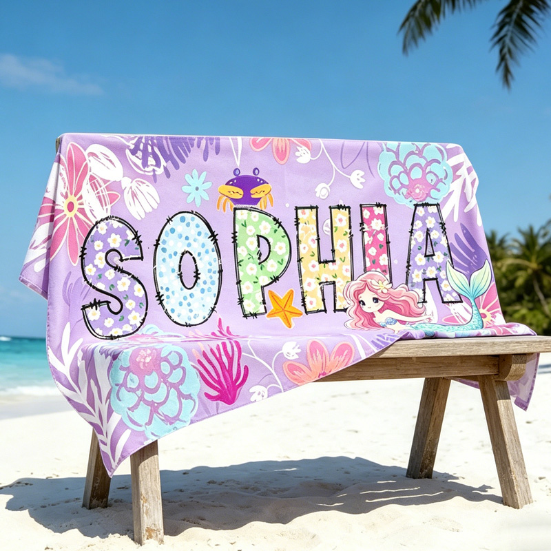 Personalized Mermaid Beach Towel Custom Name Purple Ocean Coral Starfish Seashell Summer Gift for Girls
