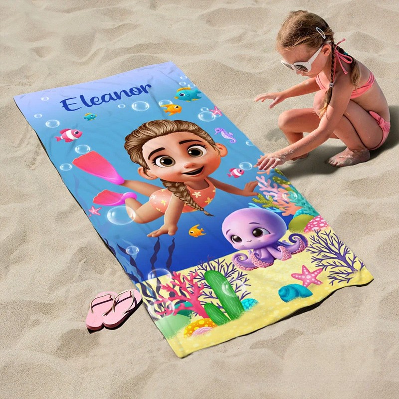 Personalized Cute 3D Diving Kid Sea Animal Quick Dry Soft Oversized Beach Towel with Name Summer Vacation Beach Party Birthday Gift for Boys Girls