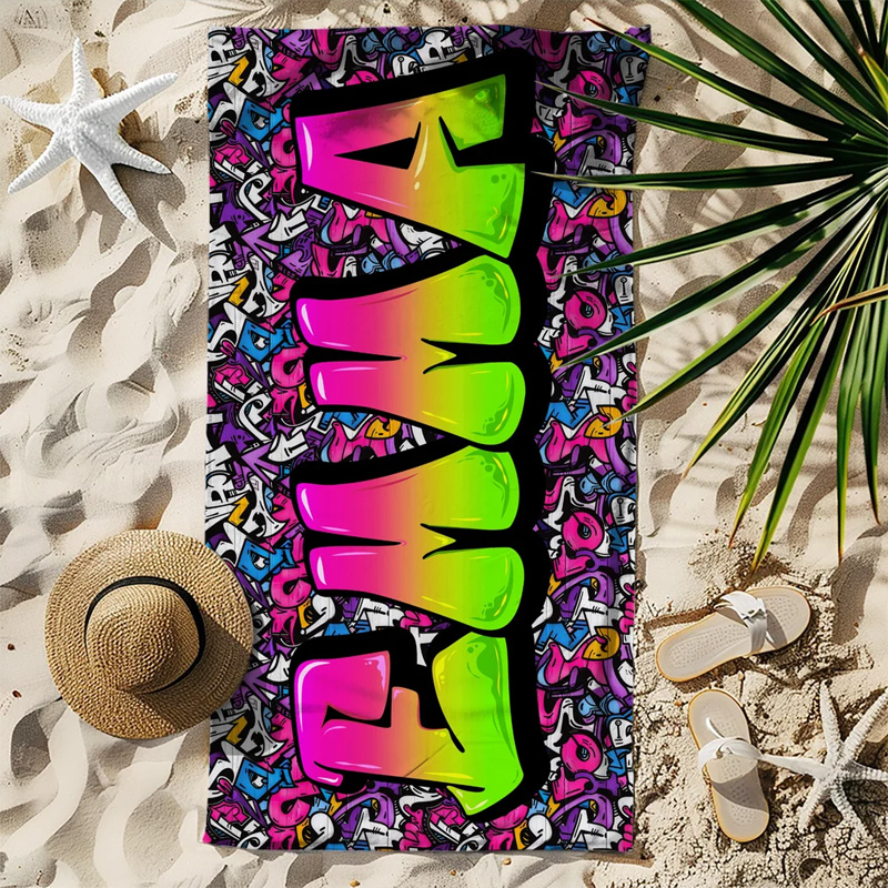 Personalized Stylish Graffiti Oversized Quick Dry Beach Towel with Name Beach Party Travel Essentials Birthday Gift for Kids Family