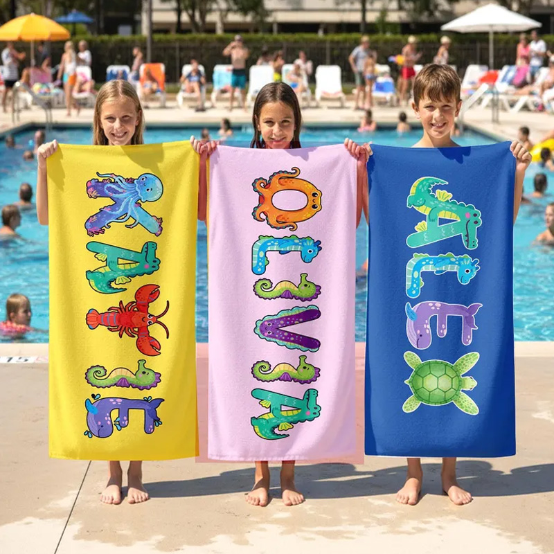 Personalized Name Beach Towel Custom Colorful Letters Pink Background Summer Pool Gift for Kids and Adults